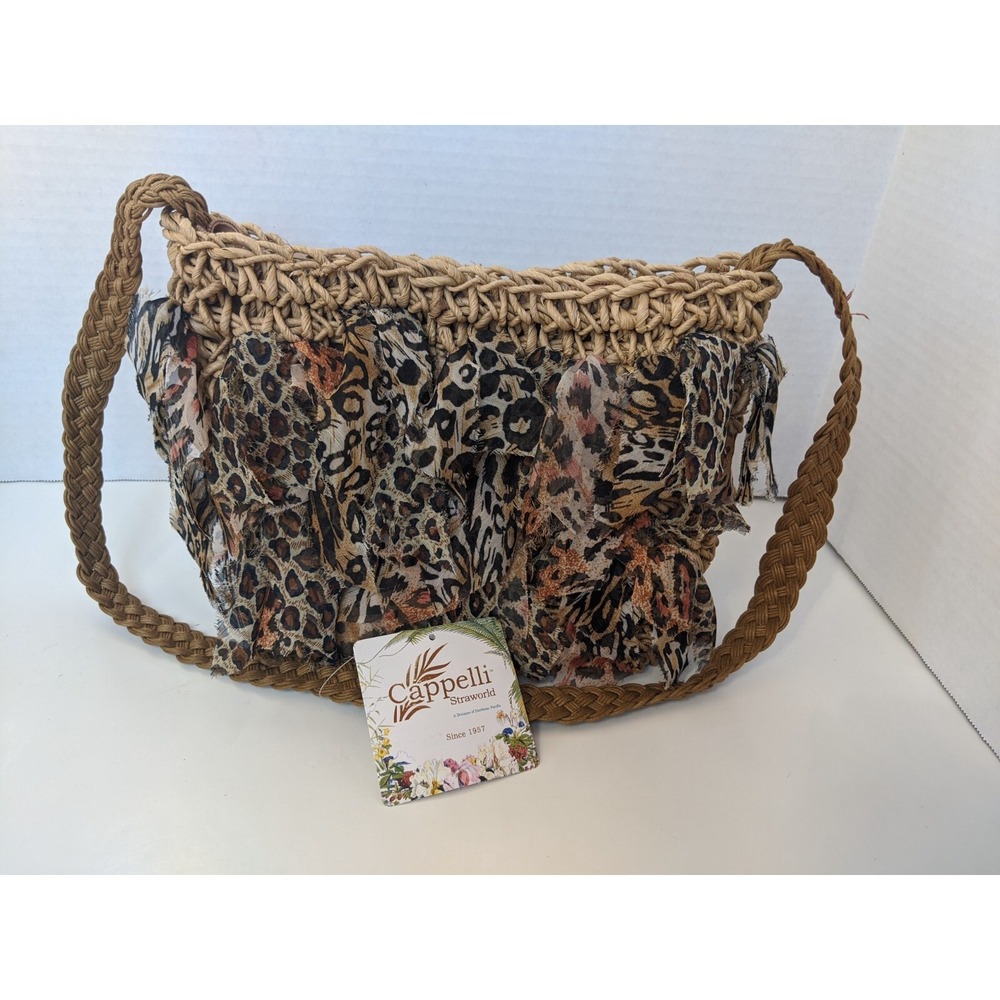Cappelli Straworld Straw Shoulder Bag With Animal Print Ruffles new